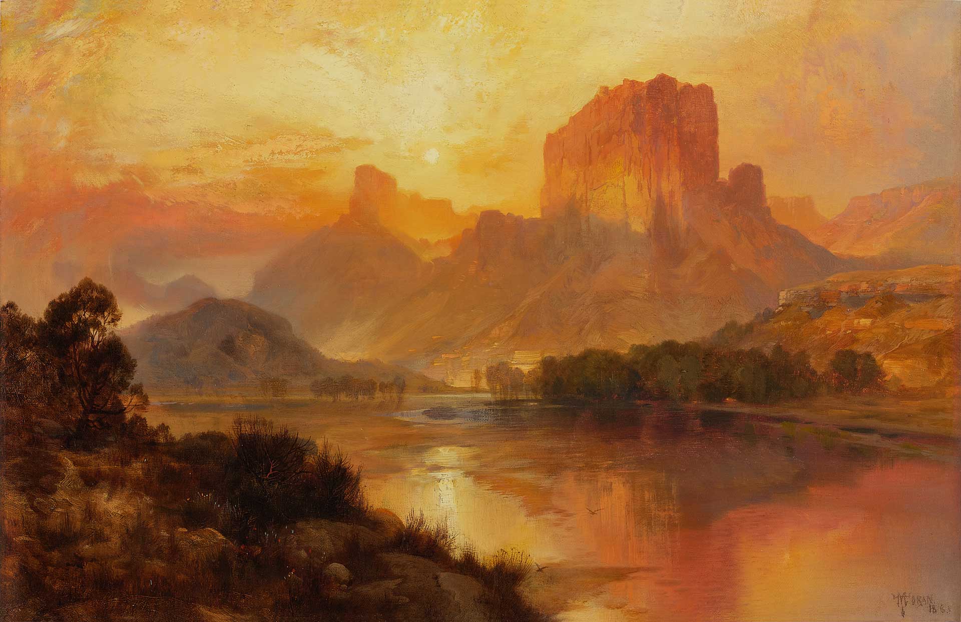 Sunset over a serene river with mountains in the background, casting a warm, golden glow on the water and landscape.