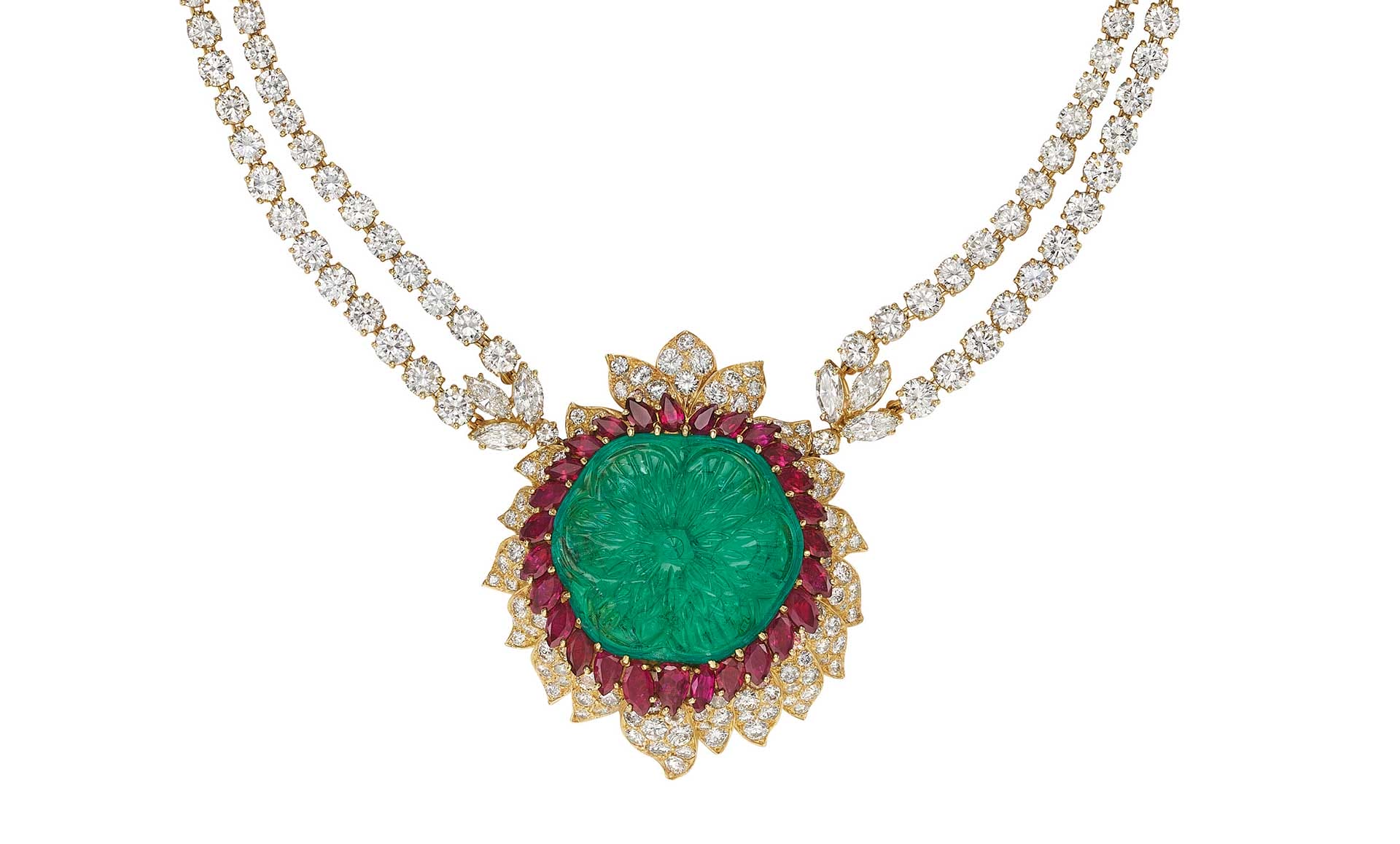 Emerald and ruby necklace with diamond accents on a double strand gold chain, featuring intricate floral design.