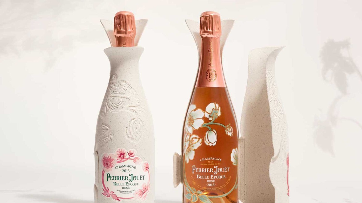 Perrier-Jouët Belle Epoque champagne bottles, one with floral design and another in decorative packaging.