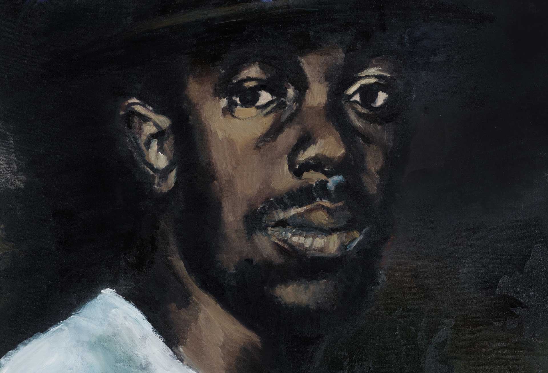 Portrait of a person wearing a dark hat against a dark background, painted with expressive brushstrokes.