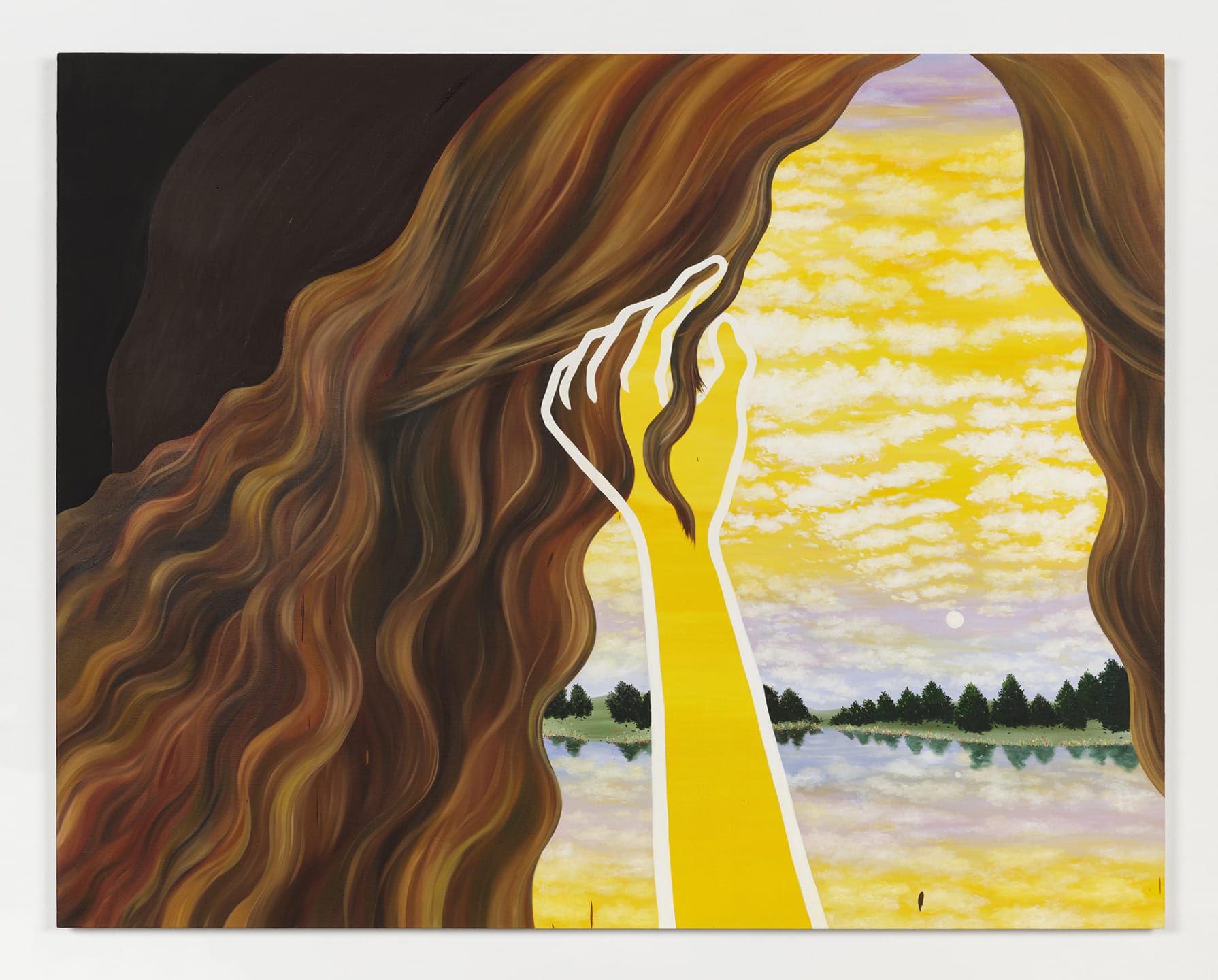 A painting of a woman's silhouette merging with flowing hair against a vibrant yellow sky and reflective water scenery.