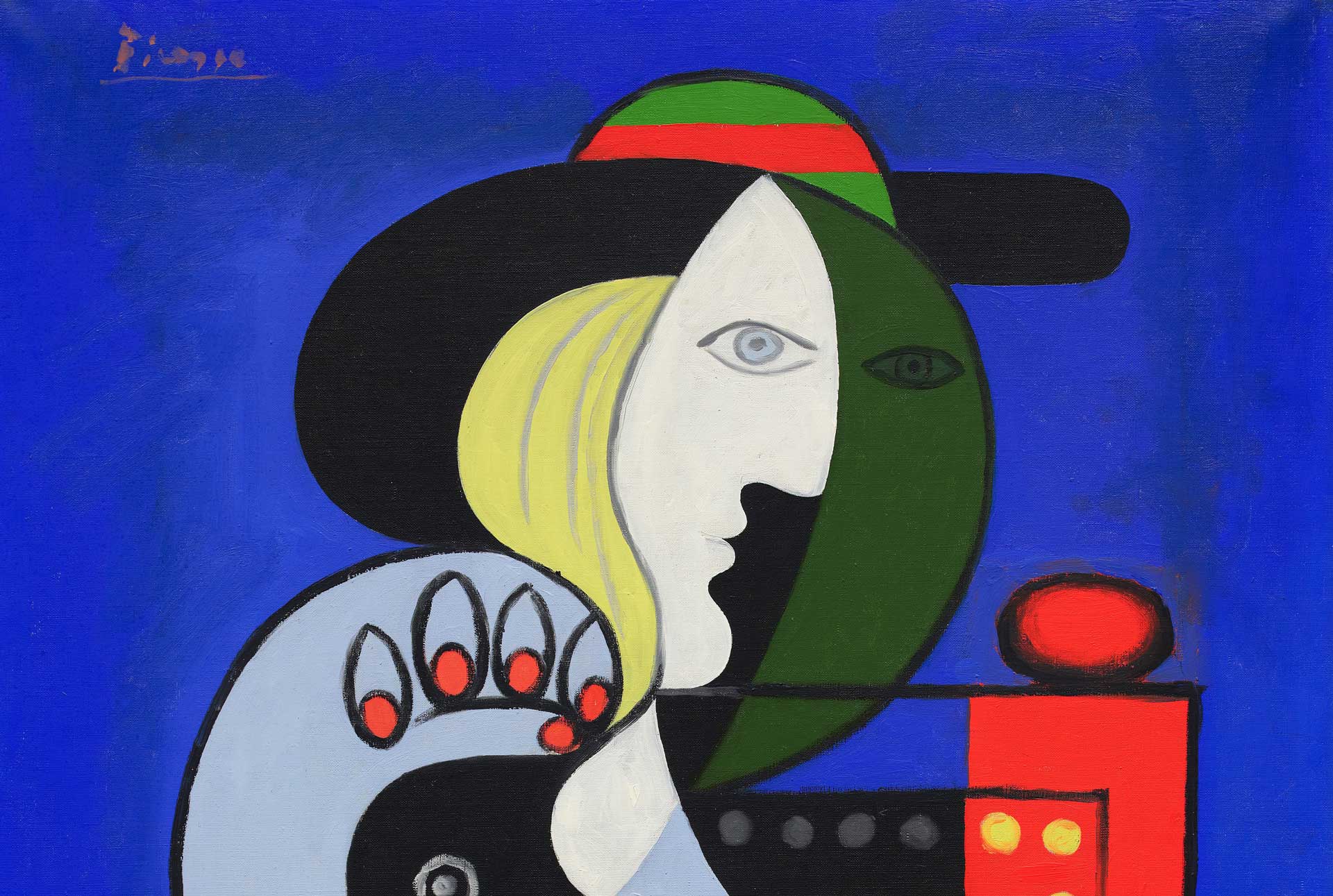 Abstract painting depicting a stylized face with geometric shapes and vibrant colors on a blue background.