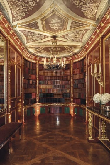 Elegant vintage library with ornate wooden bookshelves, intricate ceiling design, chandelier, and polished parquet floor.