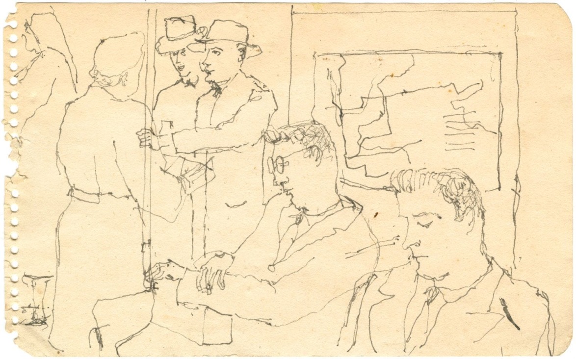 Sketch of people sitting and standing in a subway, some wearing hats and glasses, with a map on the wall in the background.