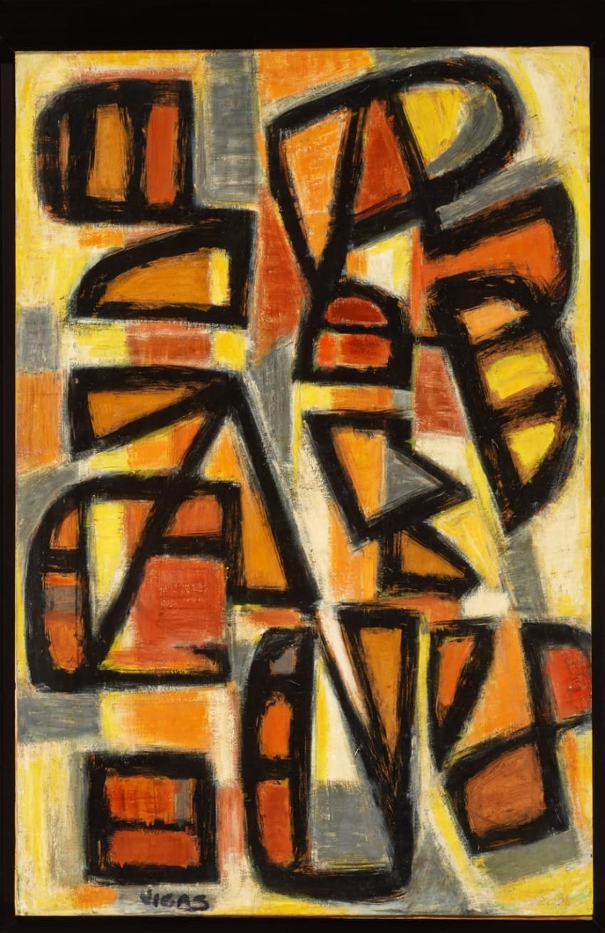 Abstract painting with bold black shapes over a vibrant orange, red, and yellow background.