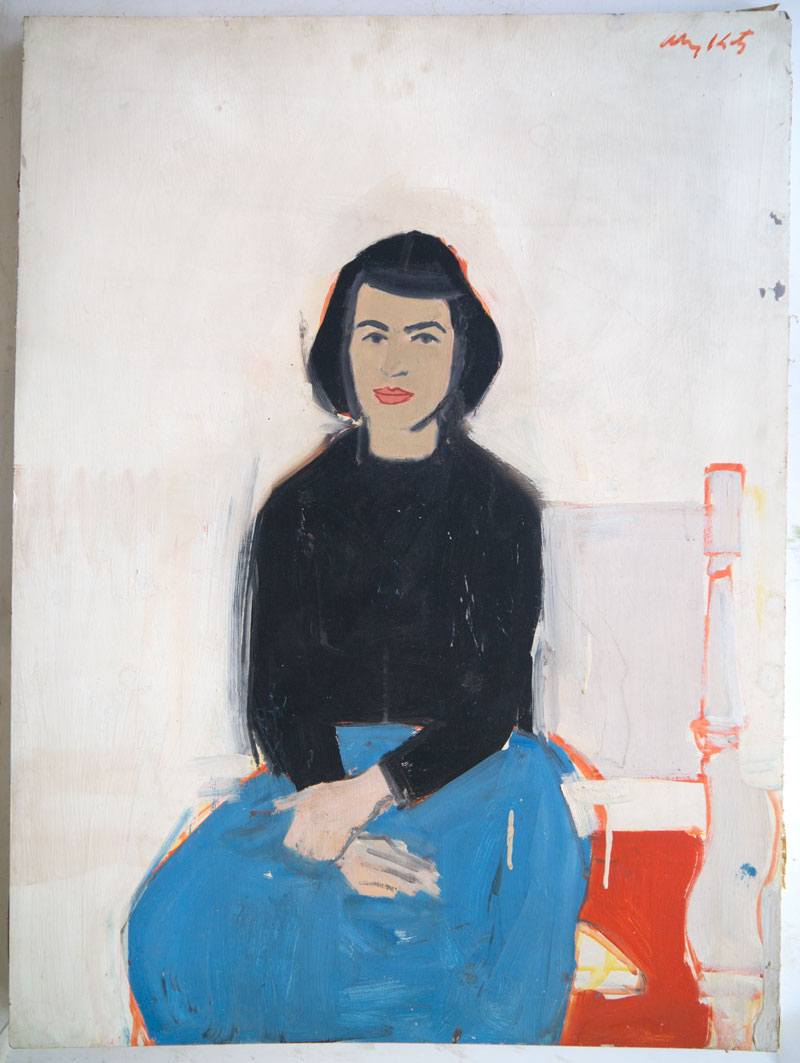 Painting of a woman with dark hair wearing a black top and blue skirt sitting on a chair against a light background.