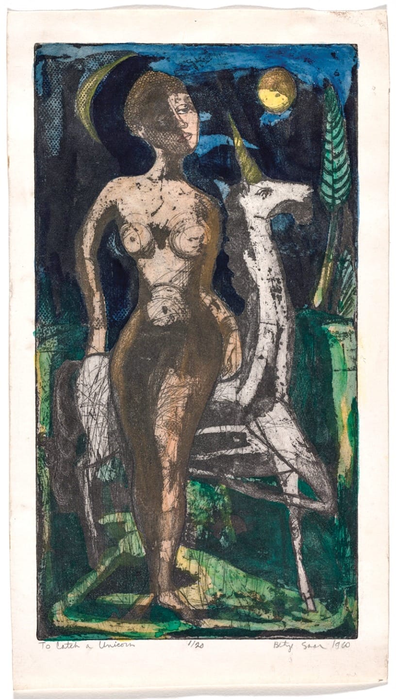 Abstract artwork of a nude figure standing beside a unicorn with a moonlit sky and foliage in the background.