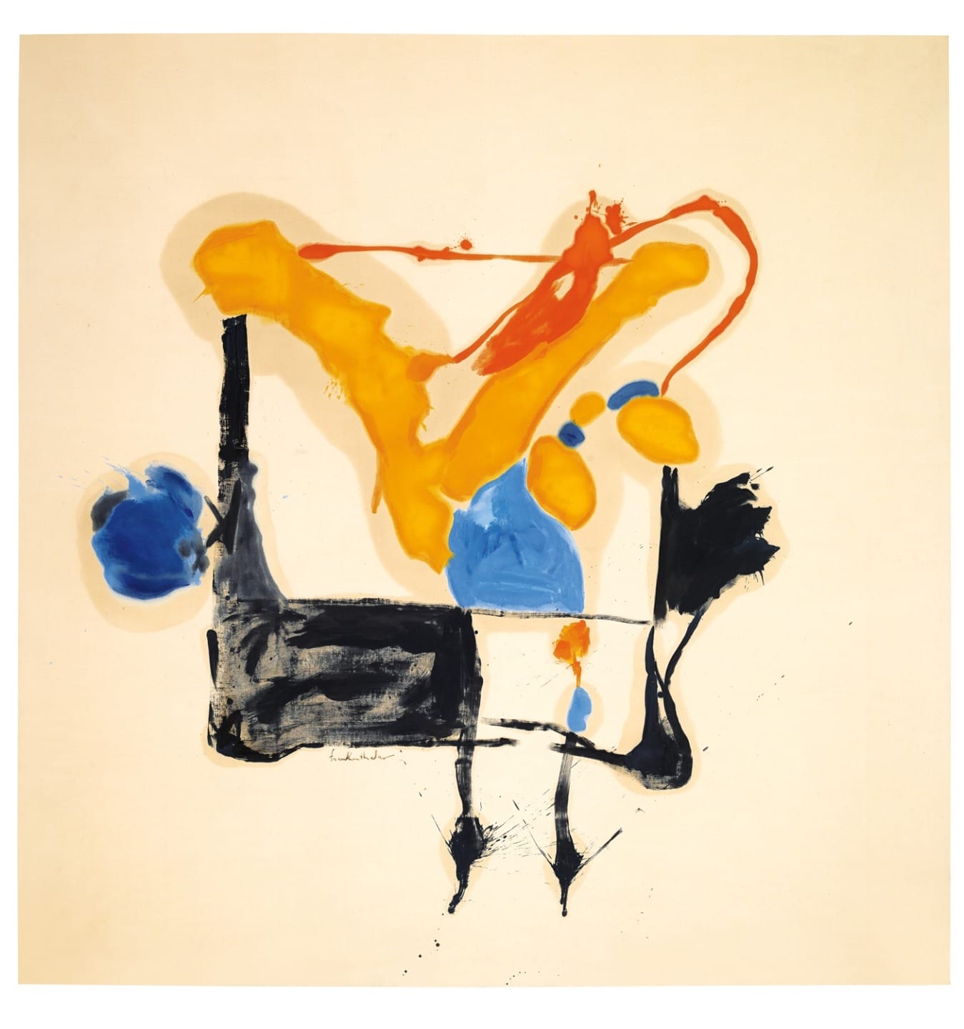 Abstract painting with bold splashes of orange, blue, and black on a beige background.