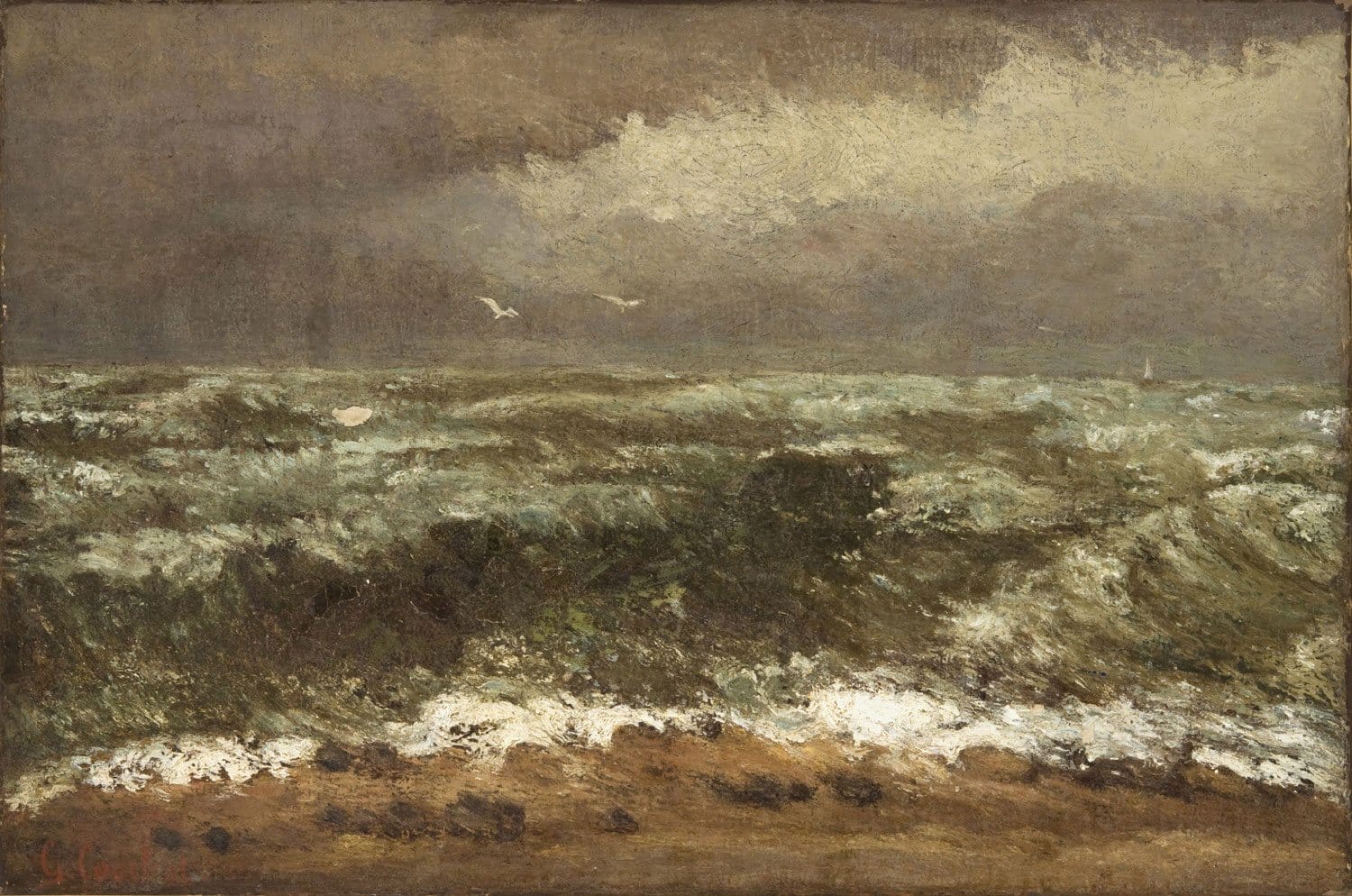 Stormy sea painting with choppy waves under a cloudy sky, featuring seagulls flying overhead in a tumultuous atmosphere.