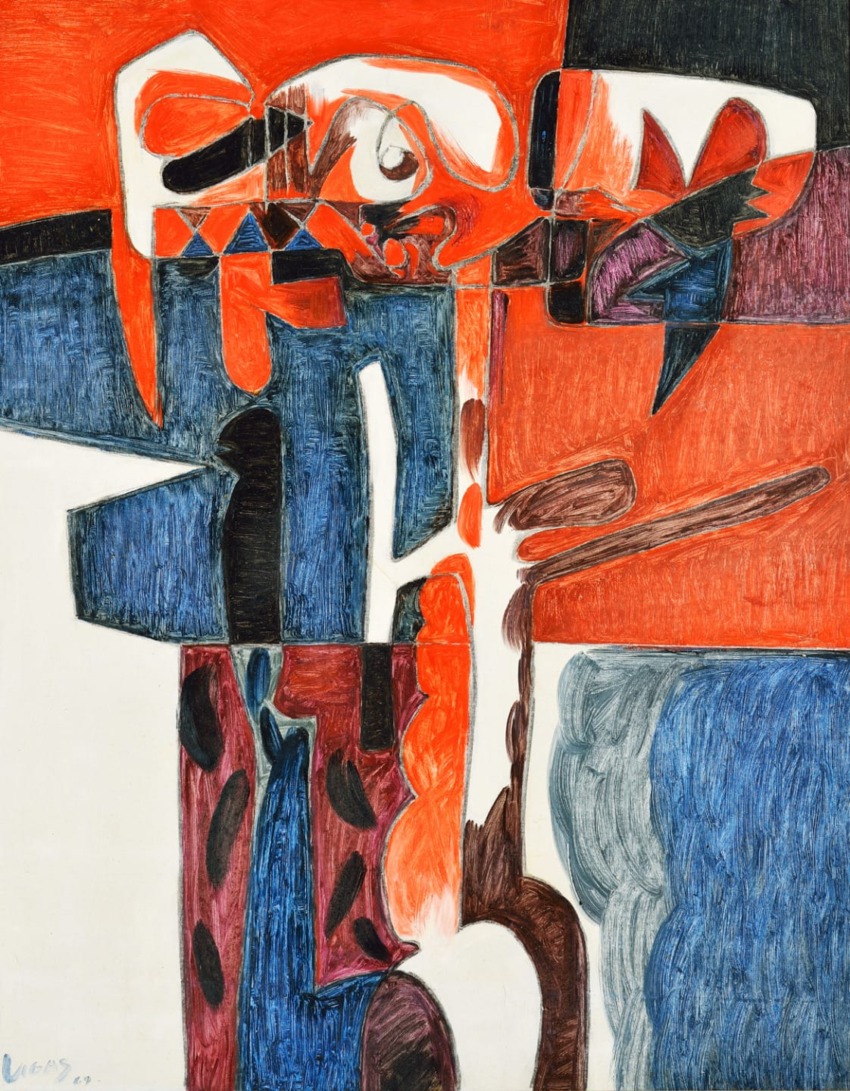 Abstract painting with bold red, black, and blue geometric shapes creating a dynamic and expressive composition.