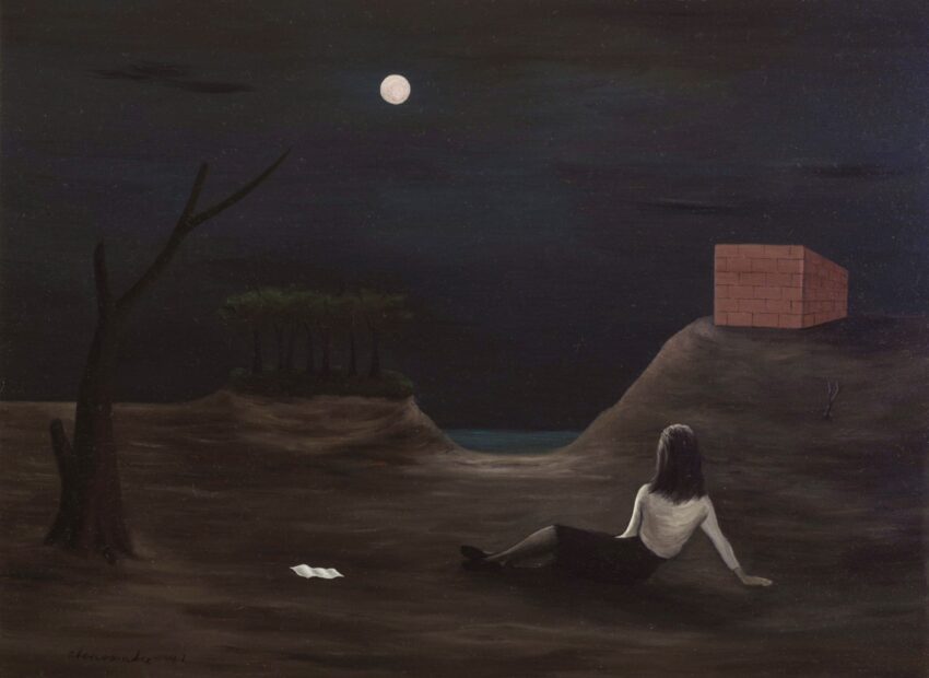 Woman sitting on dark landscape under moonlit sky, near a brick structure and a tree, with distant trees in the background.