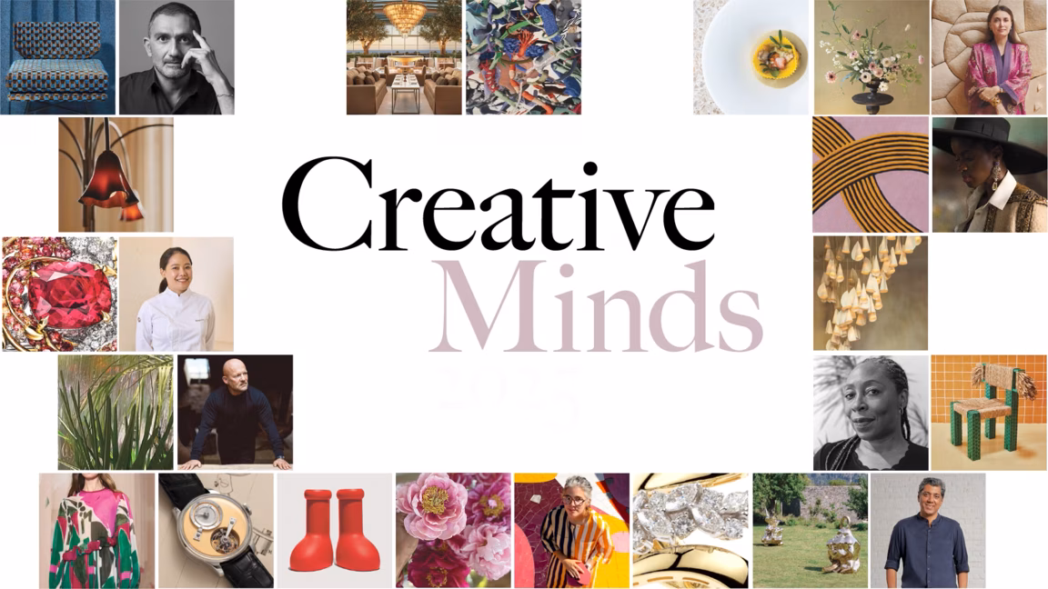 Creative Minds text surrounded by a collage of various art pieces and objects.
