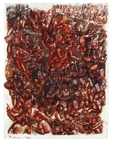 Colorful abstract painting featuring densely packed figures in dynamic poses with varied expressions and gestures.