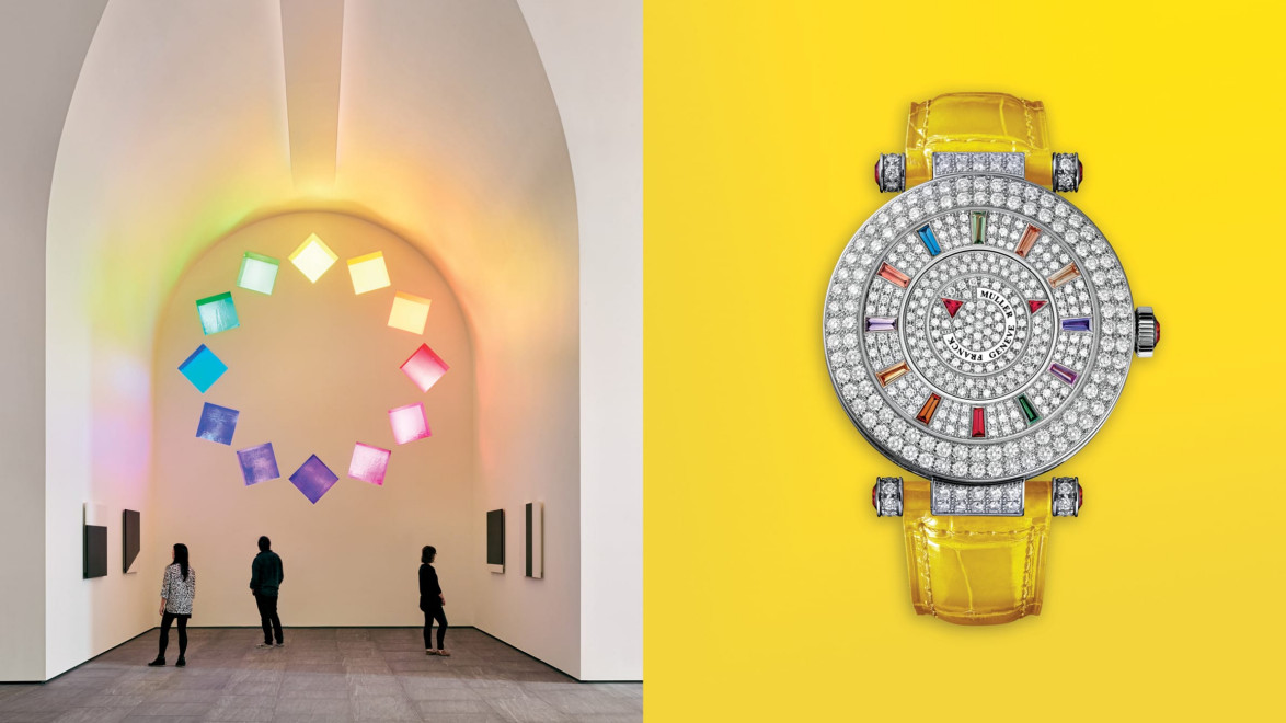 Visitors in a gallery view colorful cube art installation; yellow background displays a jewel-encrusted watch.