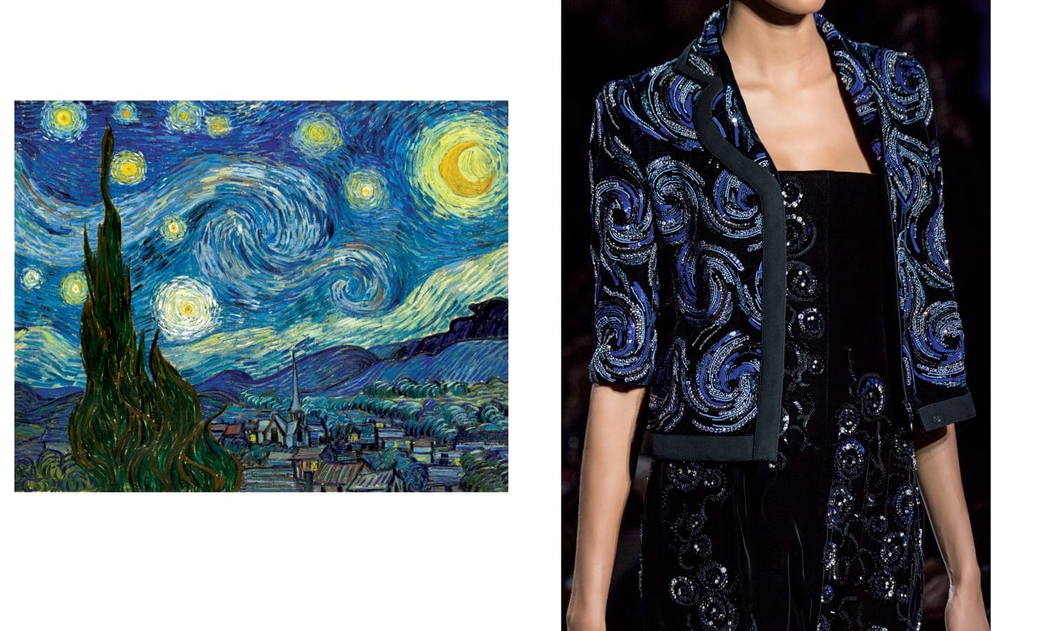Starry Night painting next to a model wearing a swirling patterned dress with similar colors and design elements