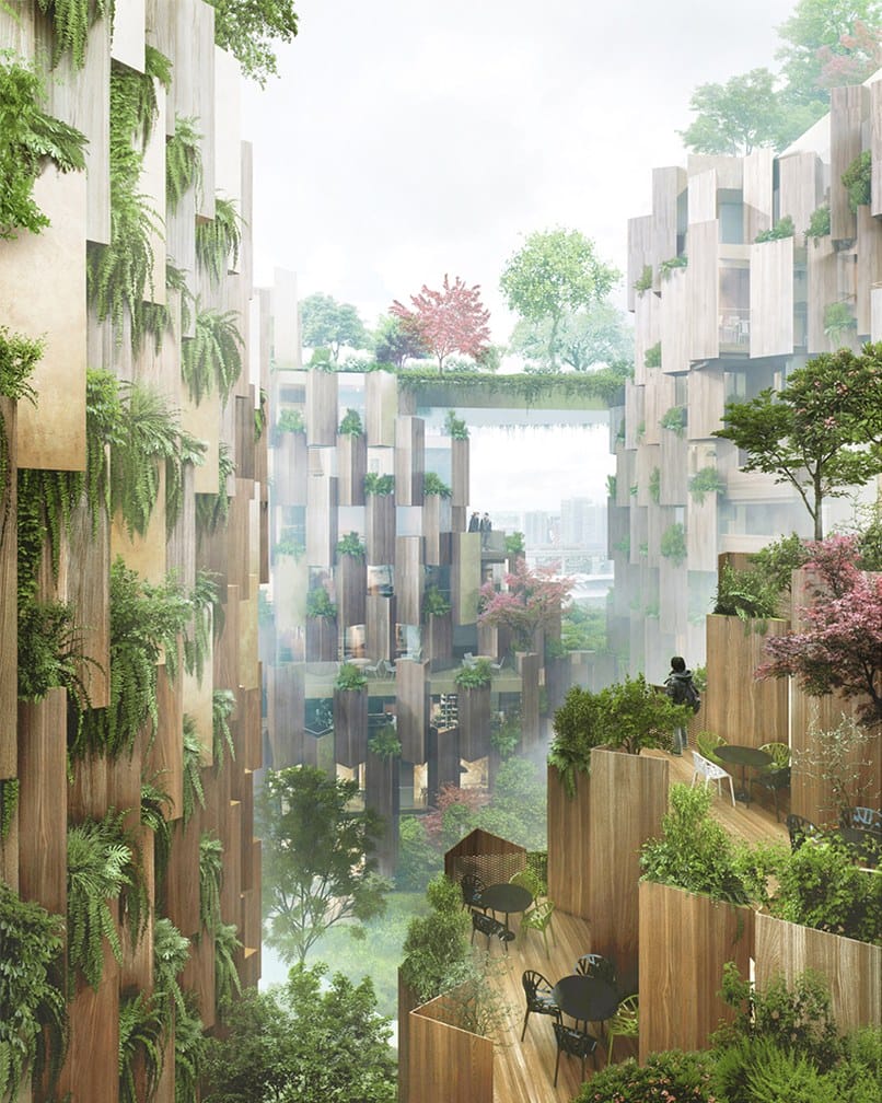 Futuristic urban architecture with vertical gardens and green terraces, showcasing eco-friendly design.