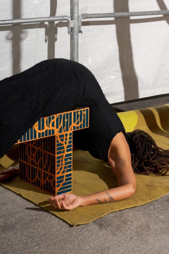 A bench by Laurids Gallée and carpet by Stefania Ruggiero as part of “Theater of Things” at Delvis (Un)Limited Gallery during Milan Design Week.