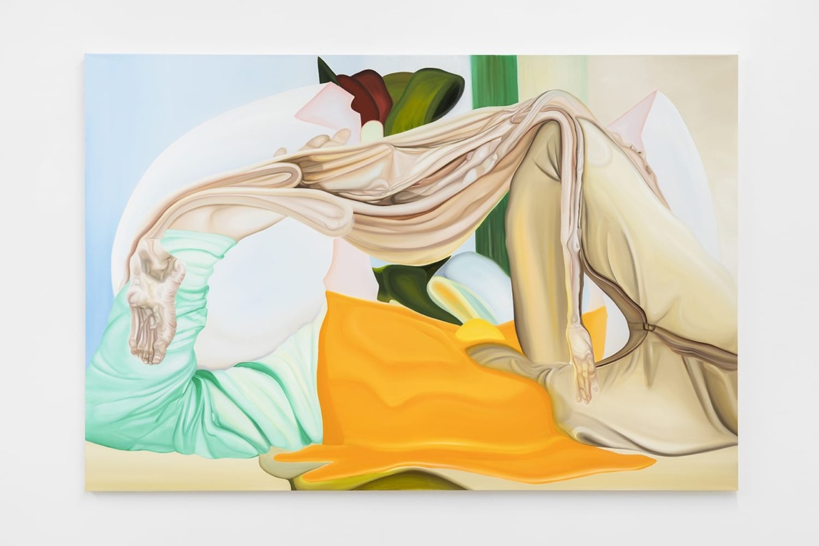 Abstract painting of a distorted human figure with elongated limbs and draped fabric in soft pastel tones on a white background.