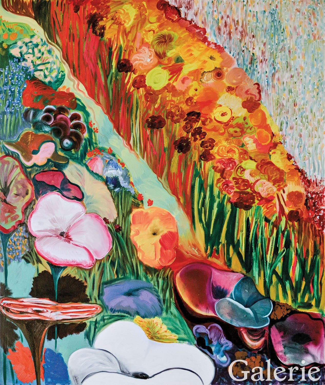 Colorful abstract painting with vibrant flowers, greenery, and swirling patterns creating a lively and dynamic composition.