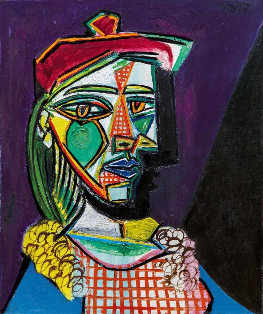 Cubist portrait of a woman with a hat featuring abstract geometric shapes and vibrant colors against a dark background.