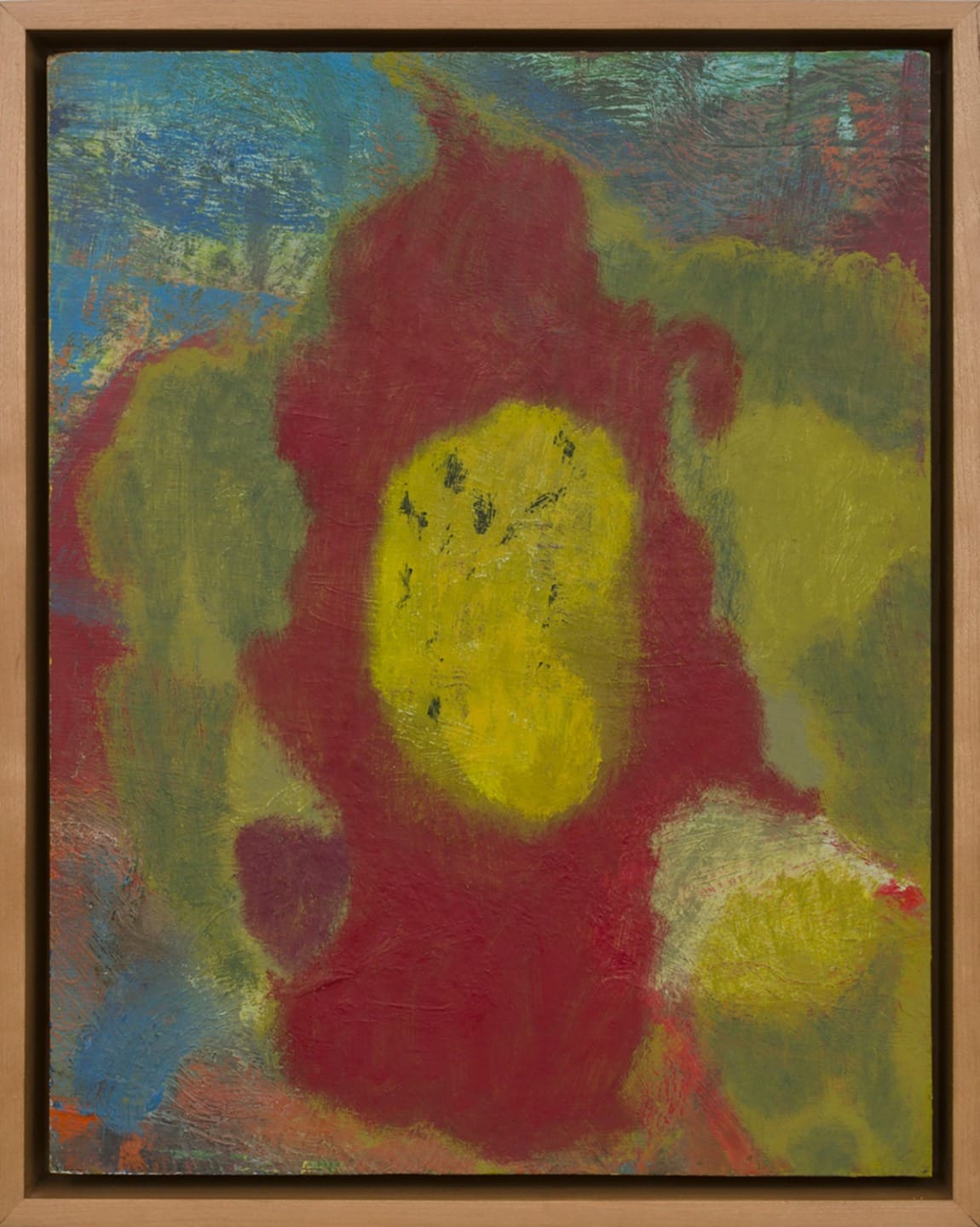 Abstract painting with vibrant red, yellow, and green shapes surrounded by blue and brown hues.