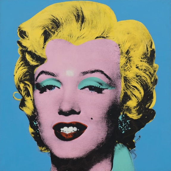 Colorful pop art portrait of a woman with yellow hair, blue eyeshadow, and pink skin against a bright blue background.