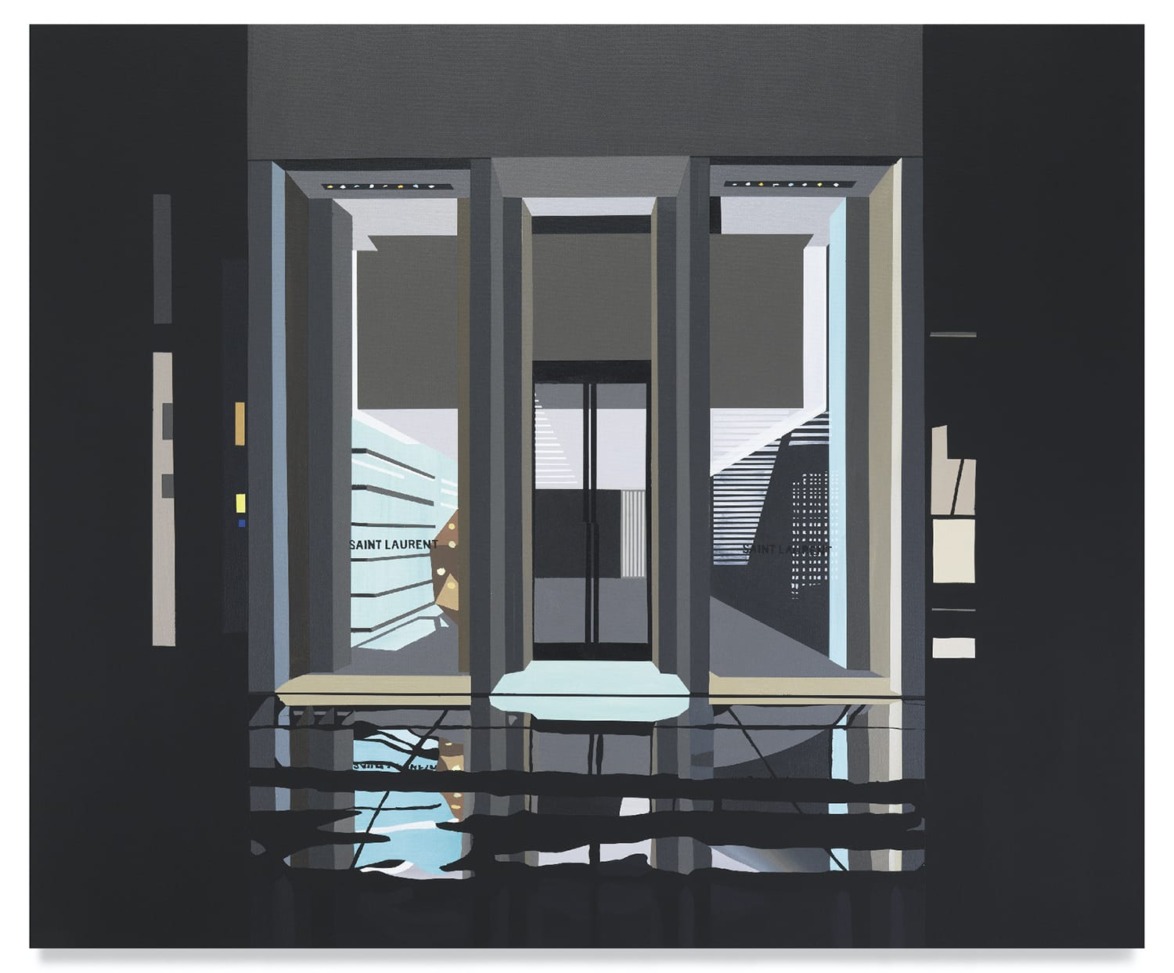 Painting of a modern storefront with geometric shapes and reflections, featuring a window display and abstract designs.