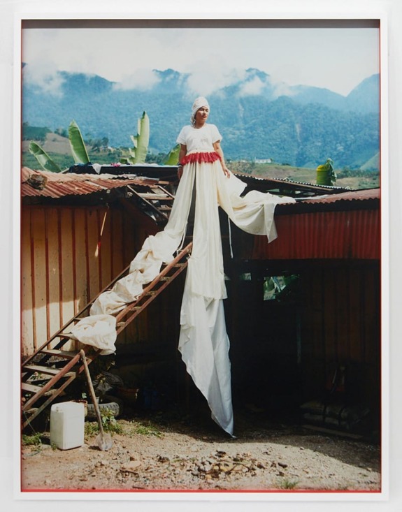 Person in a long flowing dress stands on a roof with mountains and trees in the background.