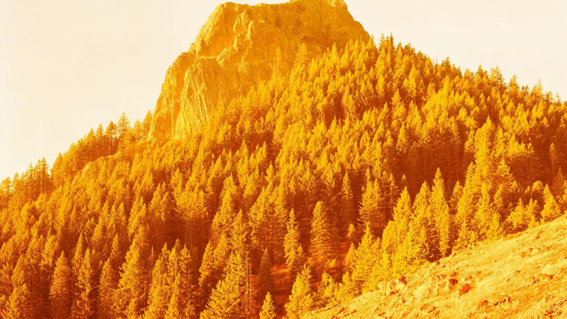 Sunlit forested mountain peak under a warm, orange-tinted sky.