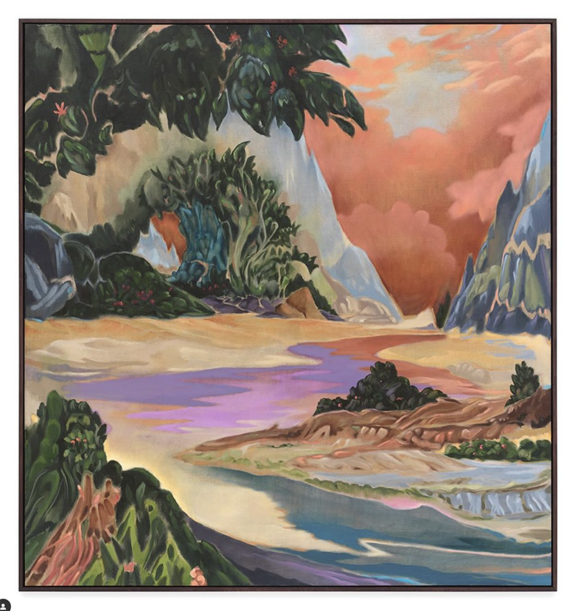 Surreal landscape painting with vibrant colors, featuring rocky formations, lush greenery, and a vivid sky.