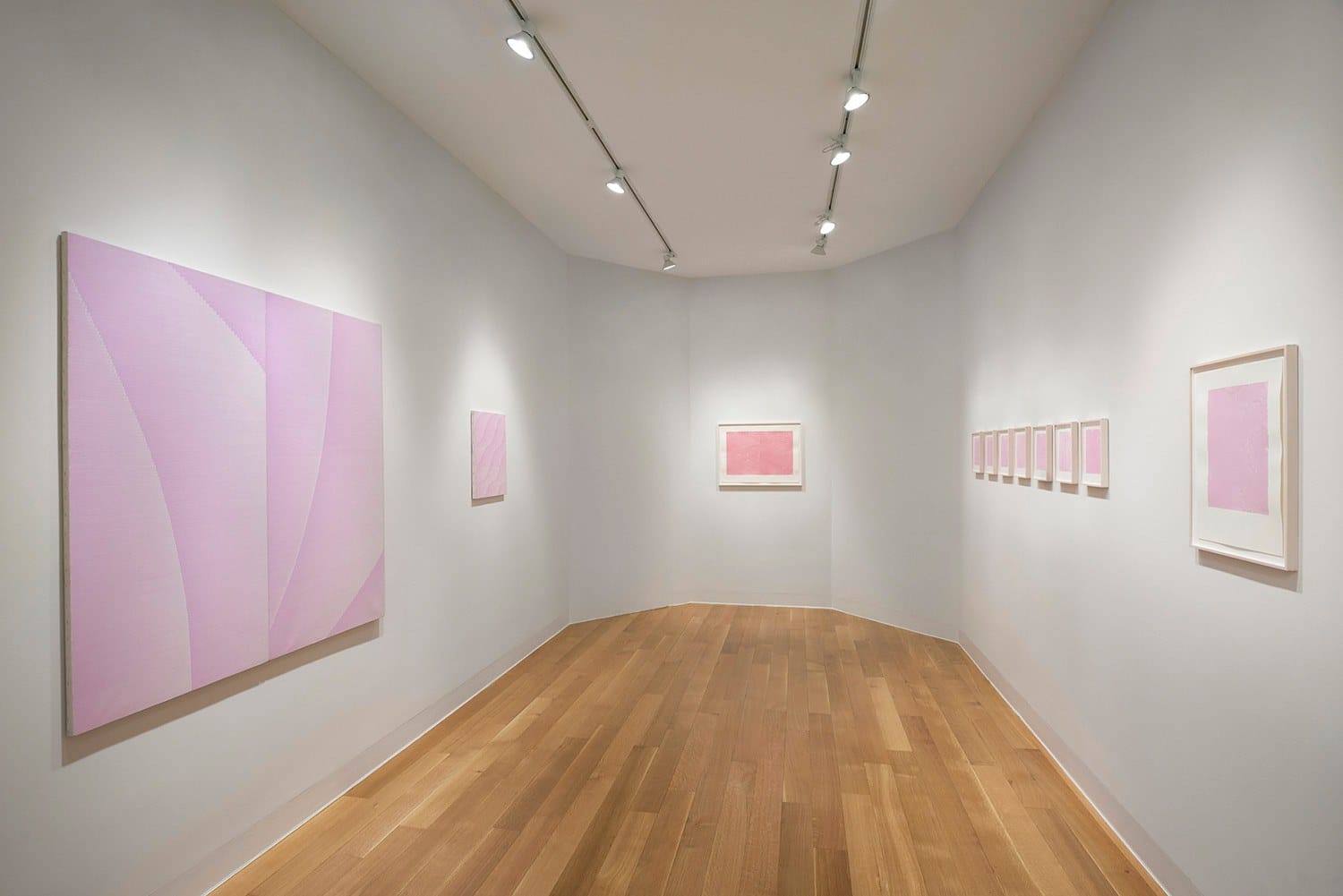 Art gallery exhibition with several pink abstract paintings on white walls and a wooden floor.