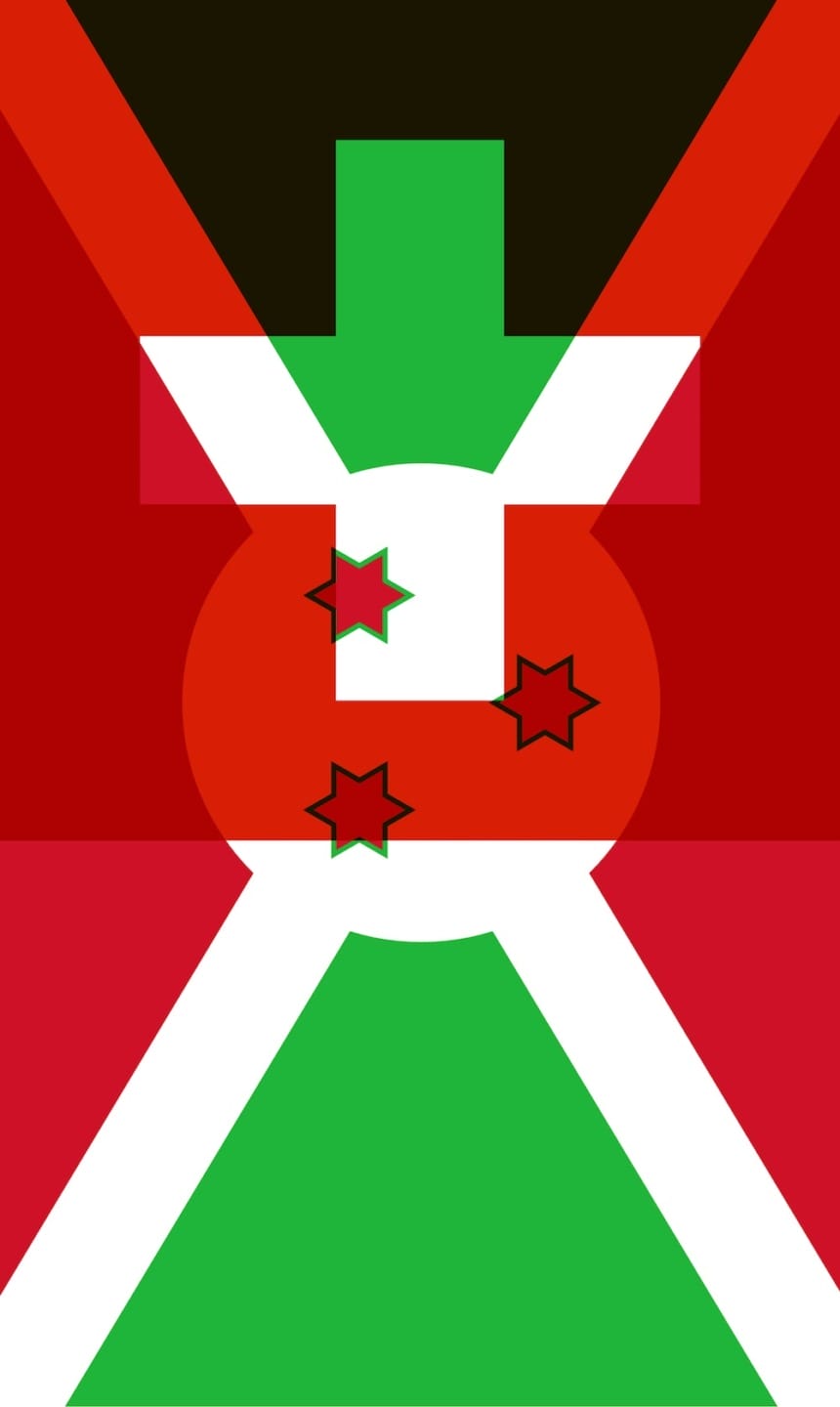 Abstract design featuring geometric shapes in red, green, black, and white, resembling elements of a national flag.