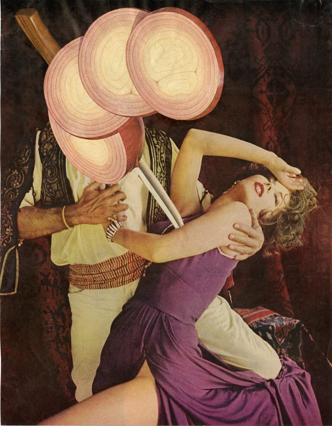 Surreal collage of a man embracing a woman with onions as heads, both in vibrant clothing against a textured background.