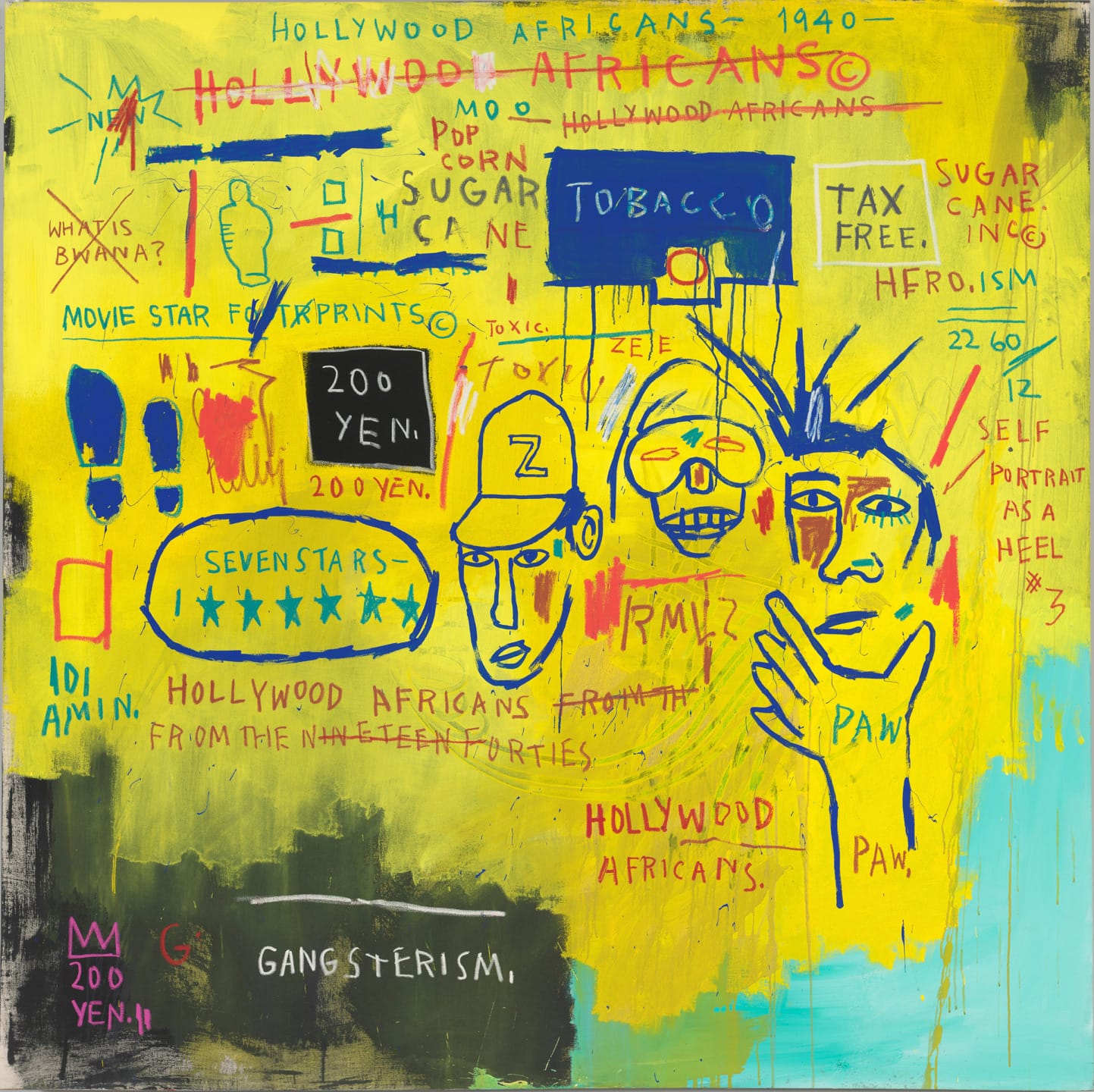 Colorful abstract painting with text and faces, featuring vivid symbols and words like "Hollywood Africans" and "200 Yen."