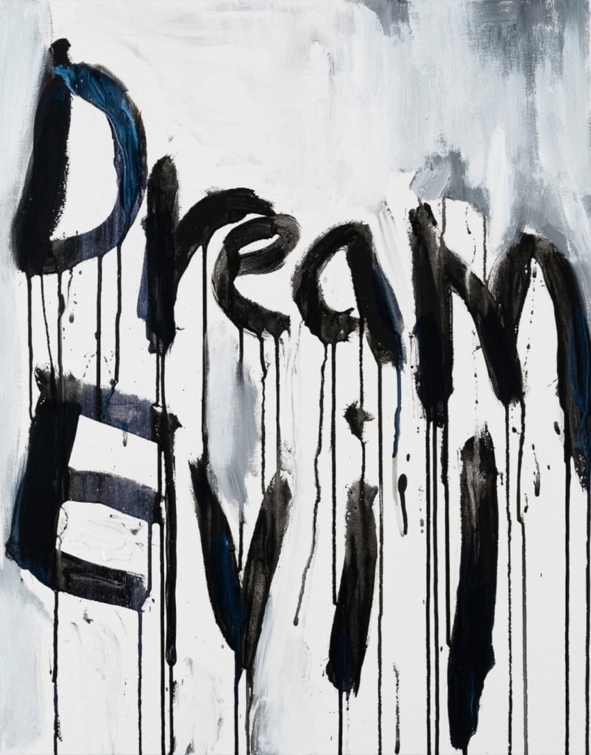 Abstract painting with the words 'Dream Evil' in bold, drippy black letters on a textured white and gray background.
