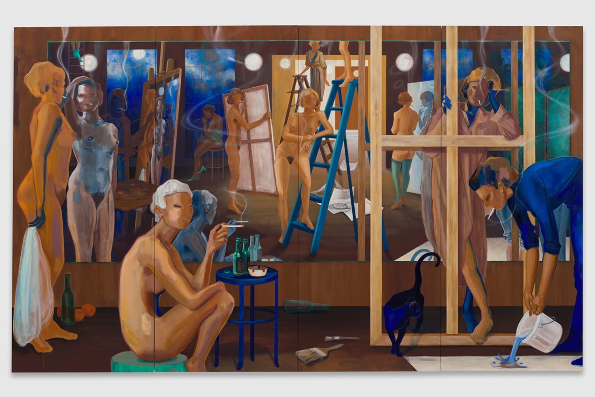 Abstract painting with multiple figures in a studio, some holding canvases or painting, objects scattered on the floor.