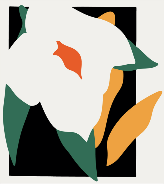 Abstract illustration of a white flower with green leaves and orange accents against a black background
