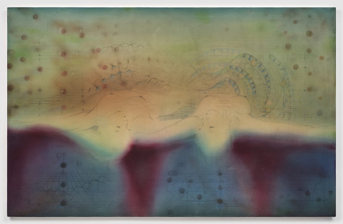 Abstract painting with ethereal figures, soft colors, geometric patterns, and musical notes in the background.