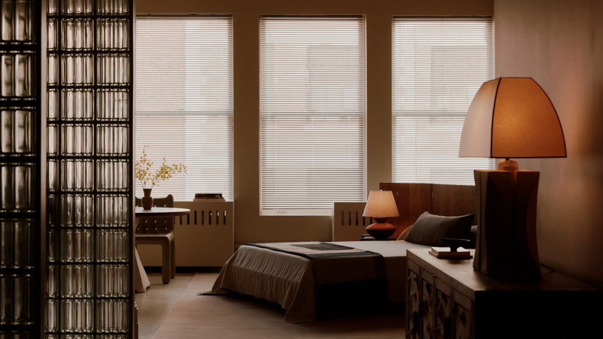 The Paravent Bed, a collaboration with Lesser Miracle, anchoring the bedroom of Danny Kaplan’s Manhattan showroom.