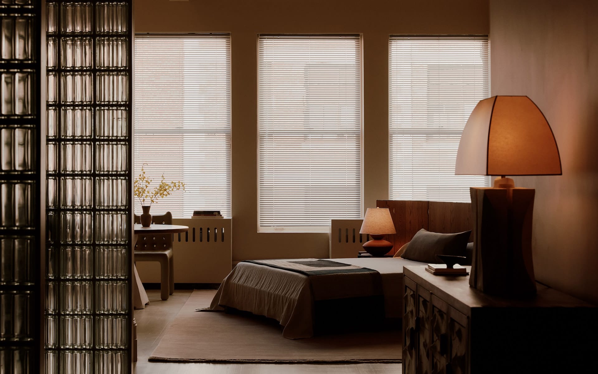 The Paravent Bed, a collaboration with Lesser Miracle, anchoring the bedroom of Danny Kaplan’s Manhattan showroom.