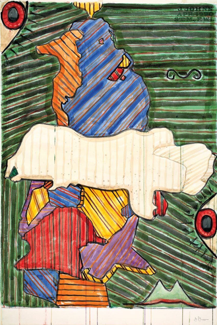 Abstract artwork with colorful, overlapping geometric shapes and varied line patterns on a green background.