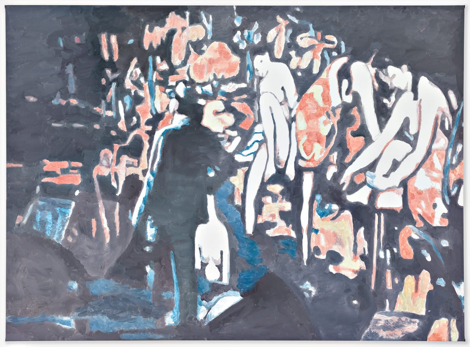 Abstract painting with silhouettes and vibrant colors depicting figures and shapes.