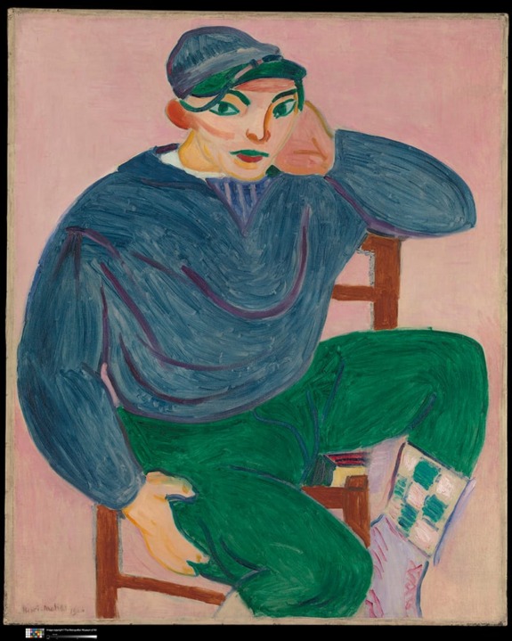 Portrait of a person in a blue sweater and cap, sitting on a chair against a pink background, painted in an expressive style.