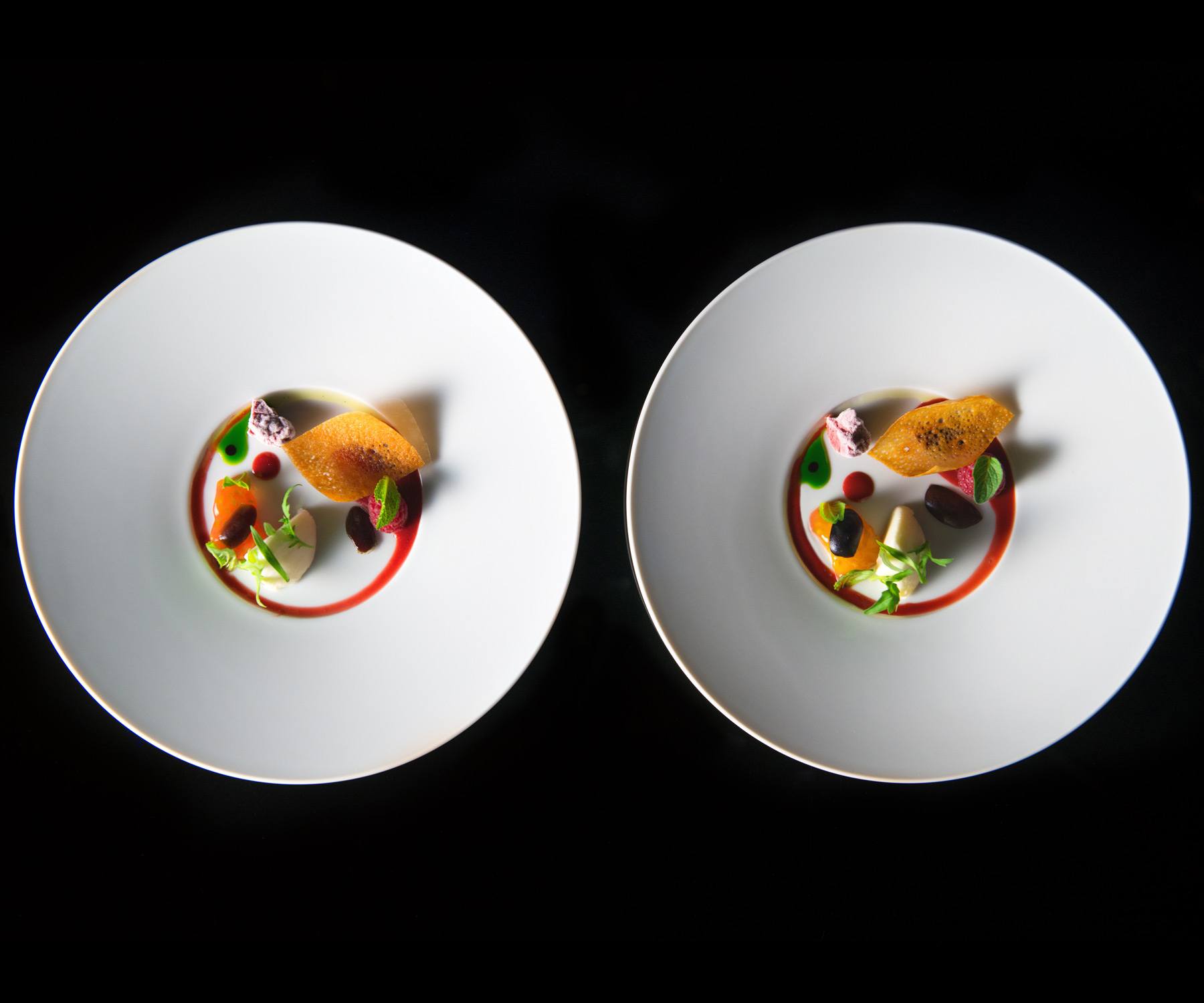 Two elegant plates of gourmet food, artfully arranged with colorful garnishes on a dark background.