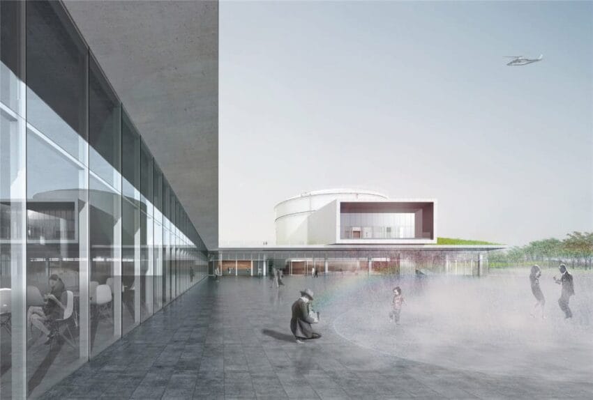 Modern architectural building with glass facade, people interacting, helicopter in sky, and a mist effect in the courtyard.