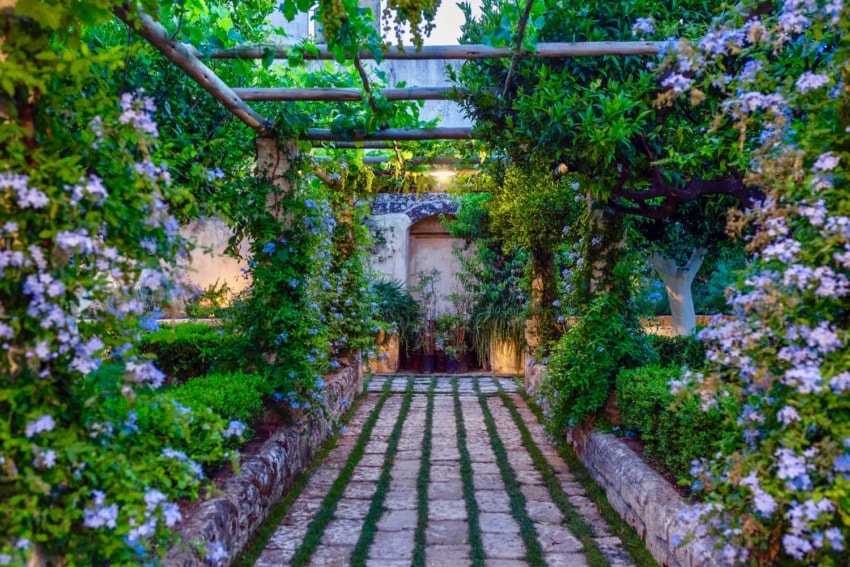 Stone path through lush garden with flowering vines and greenery under a wooden trellis.