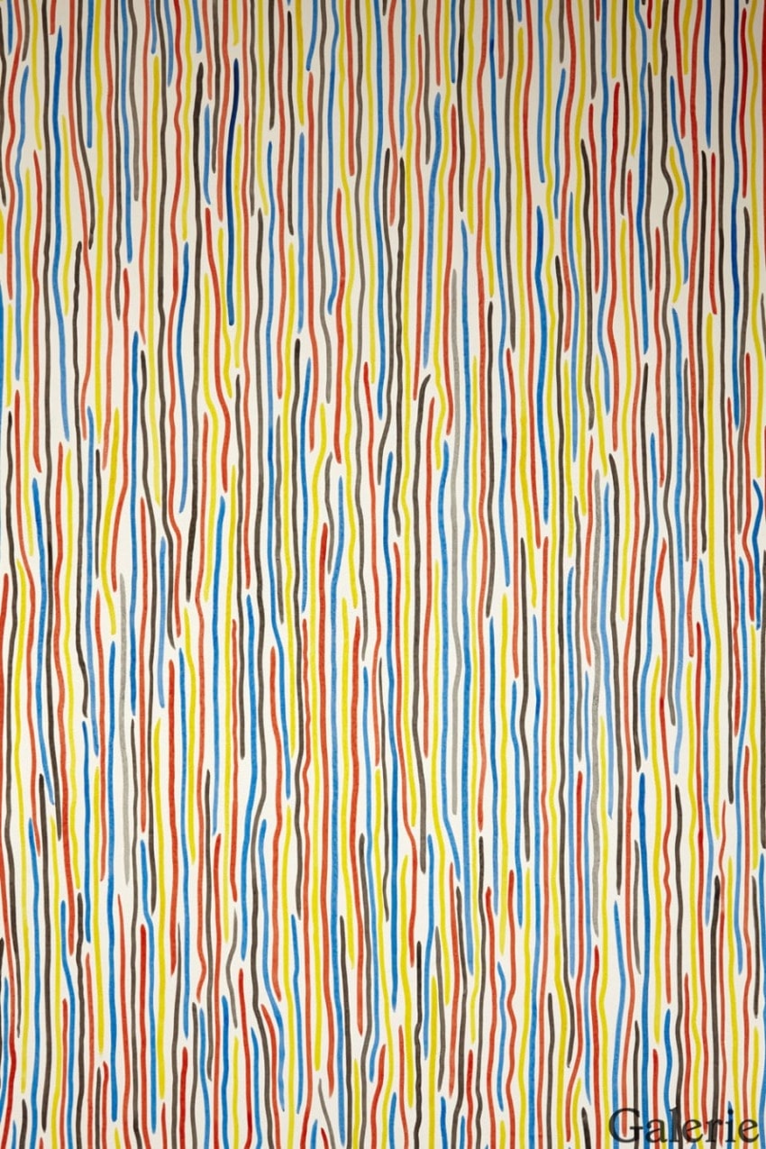 Abstract painting with vertical lines in various colors including blue, red, yellow, and black on a white background.