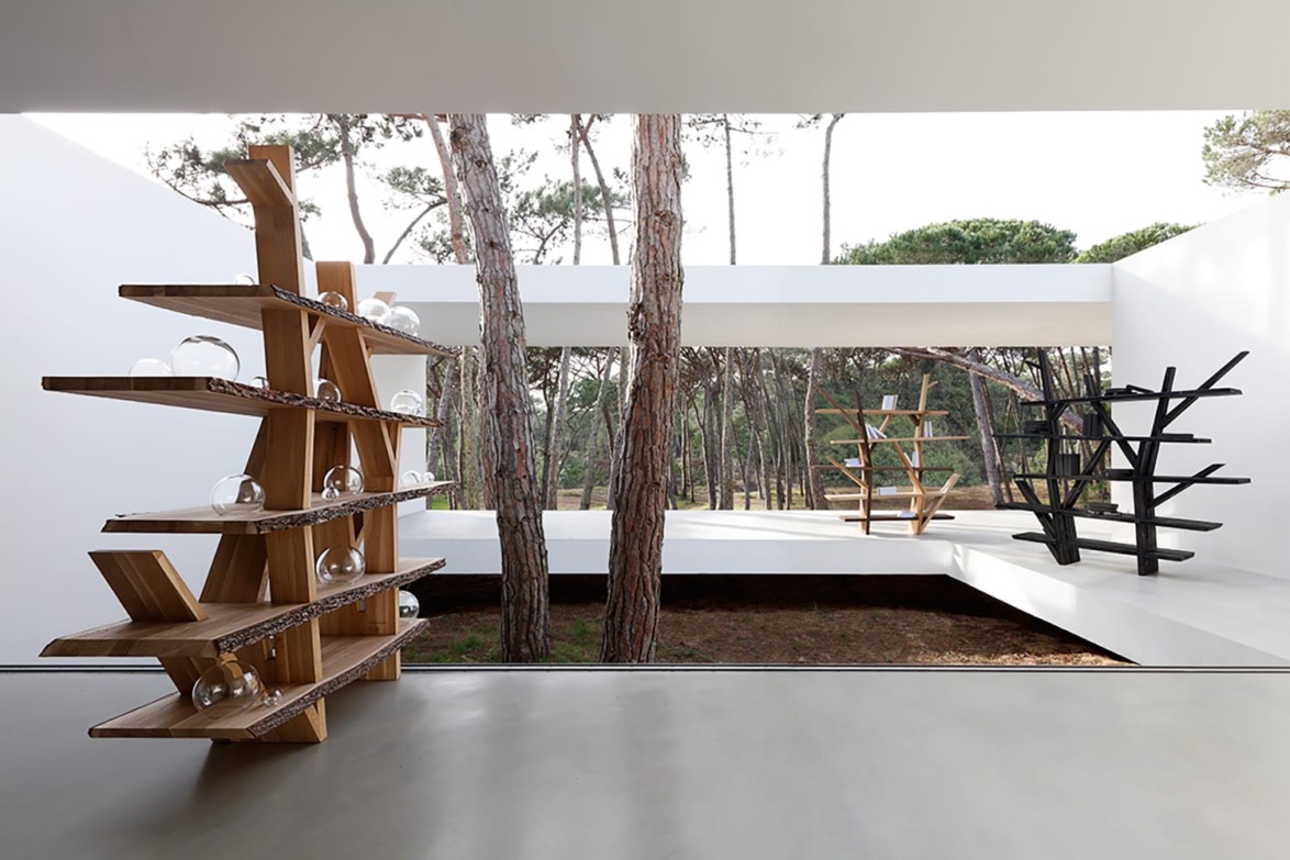 Modern art installation in a forest setting with wooden shelving structures displaying glass domes.