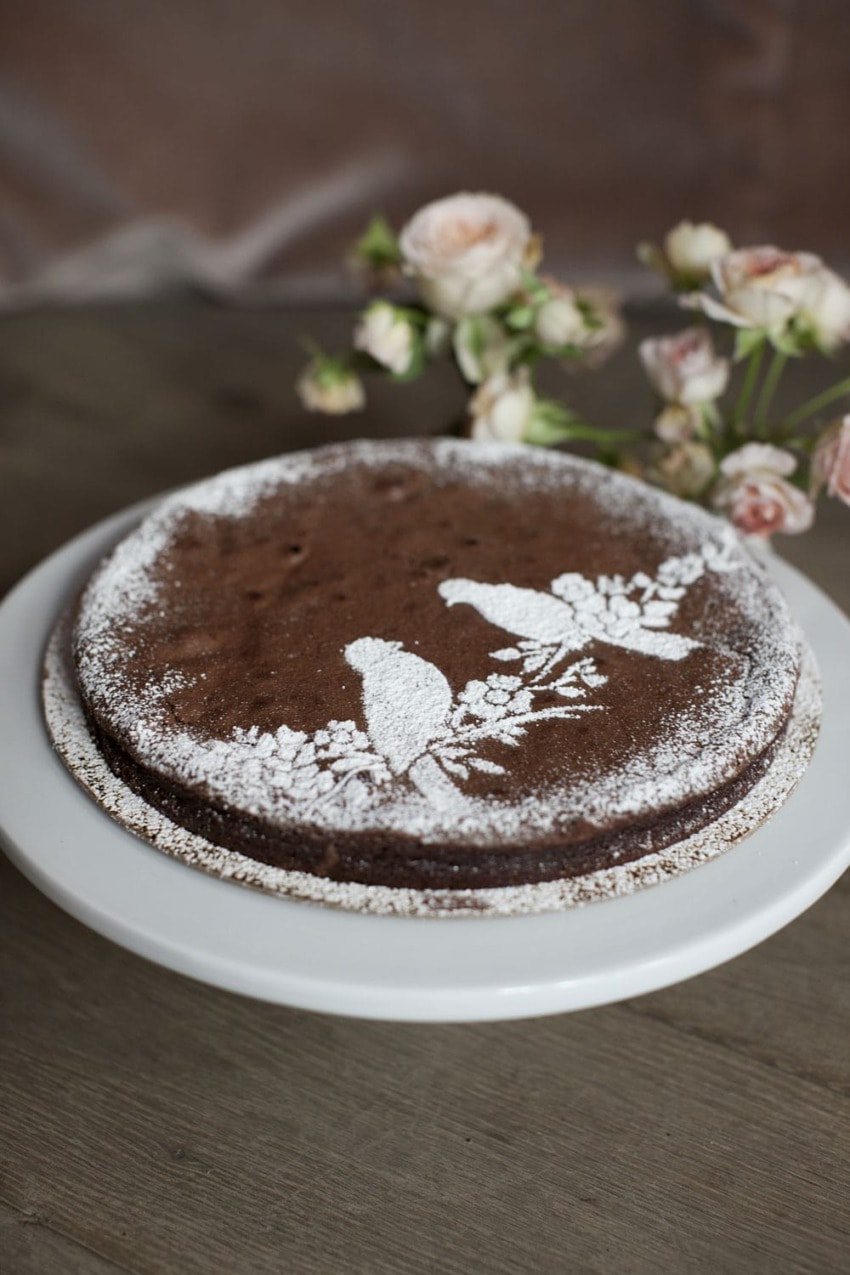 Chocolate cake with powdered sugar bird design on top, displayed on a white plate with pink flowers in the background.