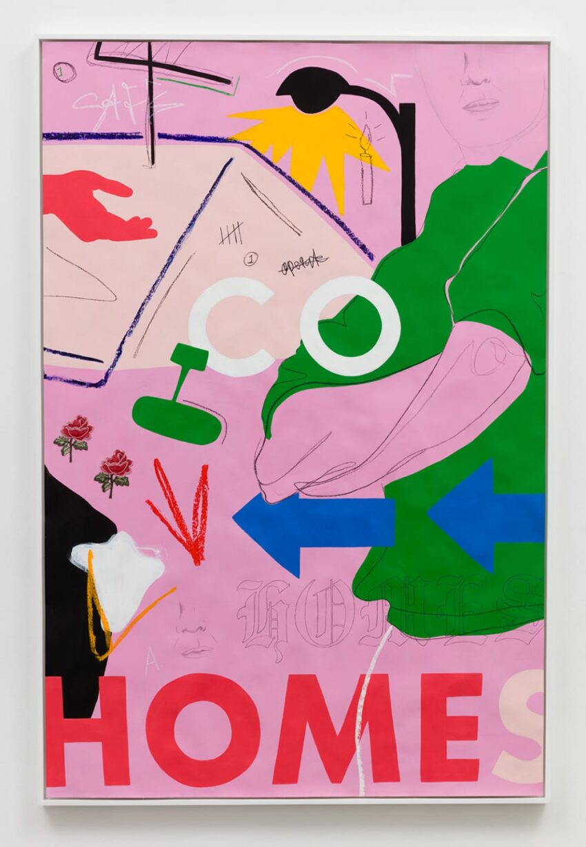 Colorful abstract artwork with shapes, arrows, flowers, and partial text on a pink background.